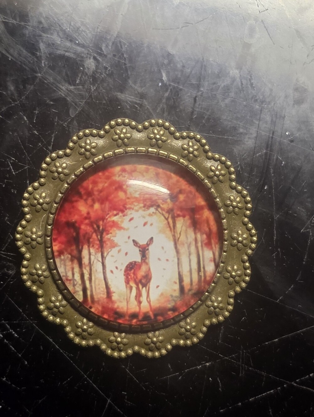 Bronze Tone Brooch With Fall Scene And Deer Standing In Woods, Stunning Brooch